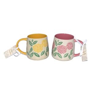 Seeds & Sunshine Floral Mugs Set of 2 Pink Yellow OS New Embossed Ceramic Coffee